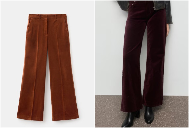 Pantaloni in velluto, collage catalogo Mango