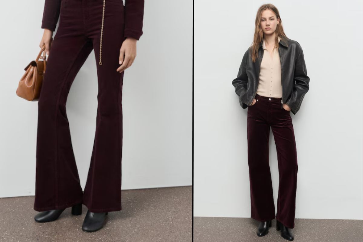 Pantaloni in velluto, collage catalogo Mango