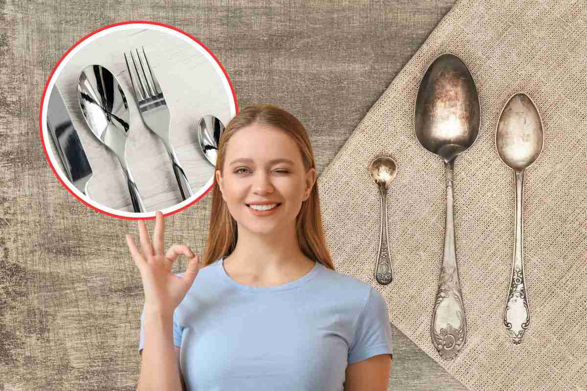posate in argento sia macchiate che pulite e donna che fa ok